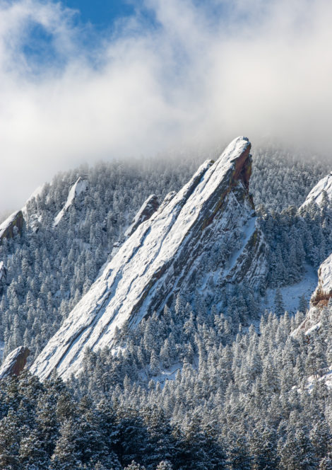 The most prominent of the Boulder Flatirons after a winter storm.